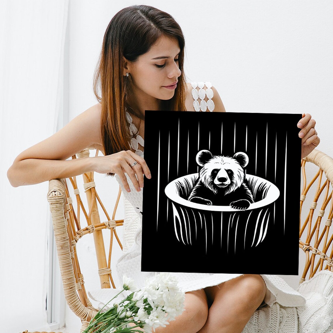 Monochrome Bear Bath In Black Tub Bold Black White Minimalist Animal Poster - Image 3
