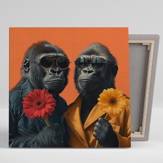 Gorilla Art Or Poster Pop Art Whimsical Decor Living Room Office Game Room Wall Art Orange Black Yellow Red Funky Primate Duo