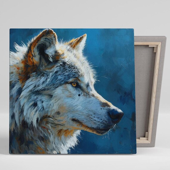 Wolf Profile Oil Painting Blue Background Alert Wild Animal Art Poster