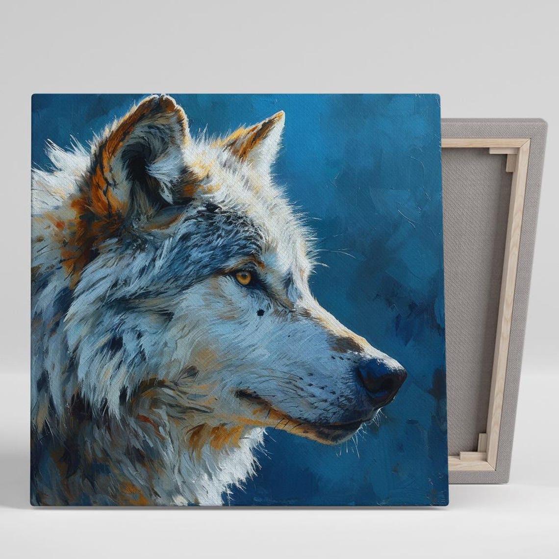 Wolf Profile Oil Painting Blue Background Alert Wild Animal Art Poster