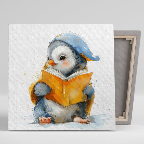 Baby Penguin Reading Orange Book In Blue Nightcap Cute Nursery Wall Poster