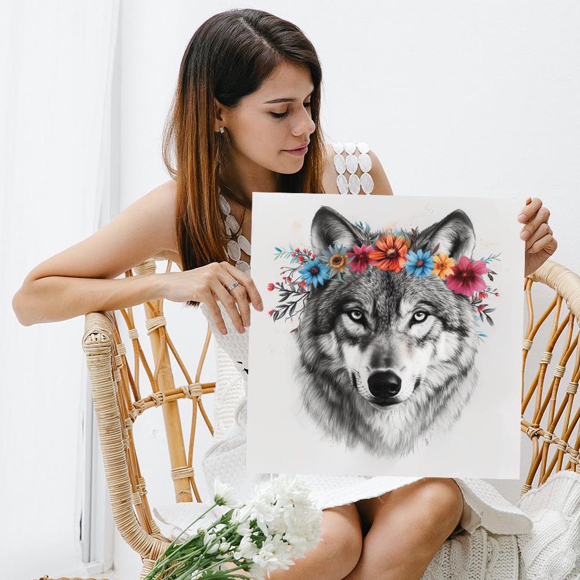 Wolf With Colorful Flower Crown Sketch Style Animal Wall Art Poster - Image 3