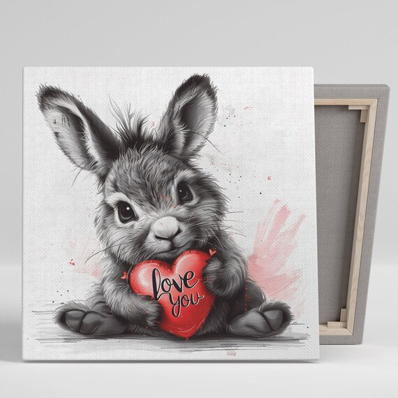 Adorable Bunny Holding Love You Heart Sketch Ink Nursery Wall Art Poster