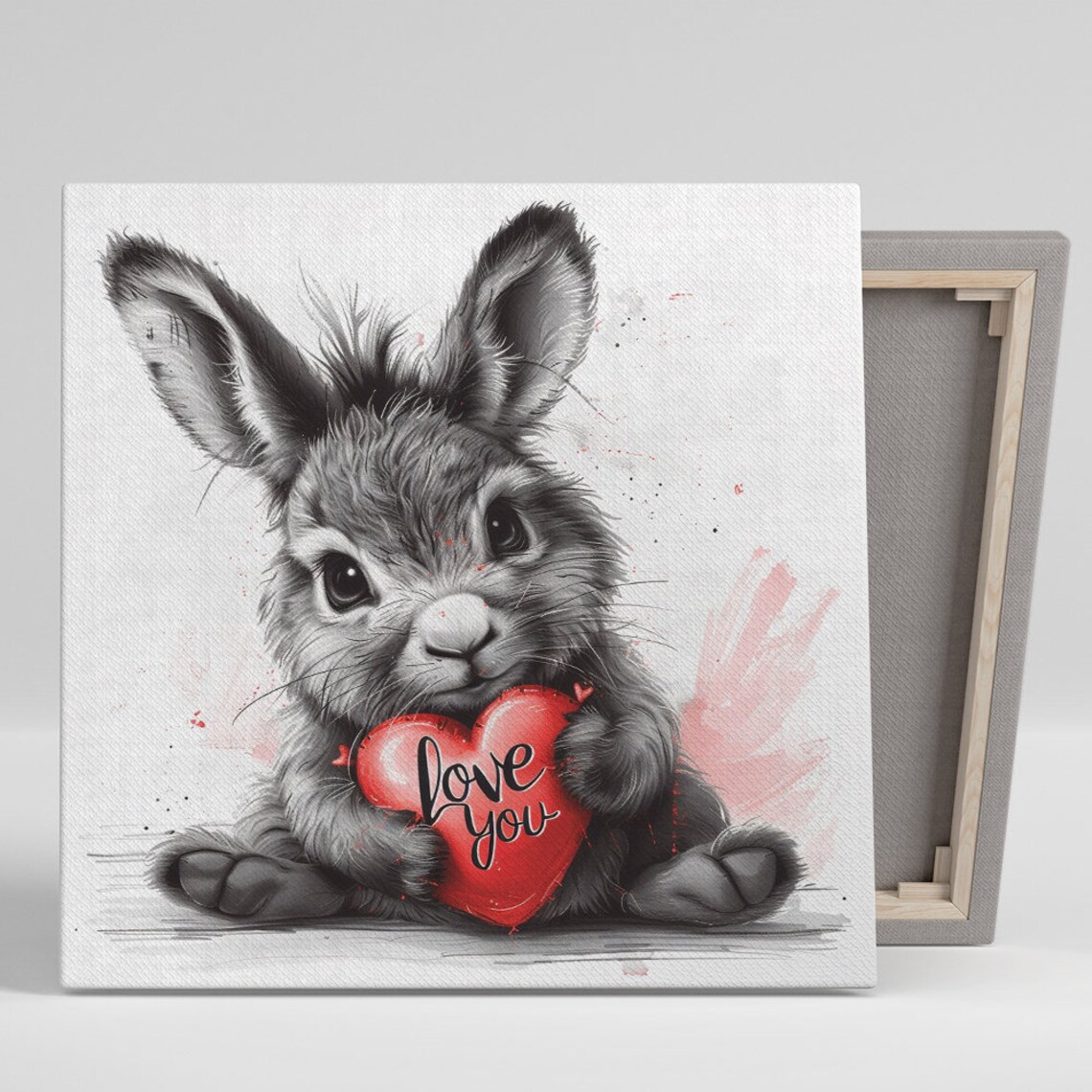 Adorable Bunny Holding Love You Heart Sketch Ink Nursery Wall Art Poster