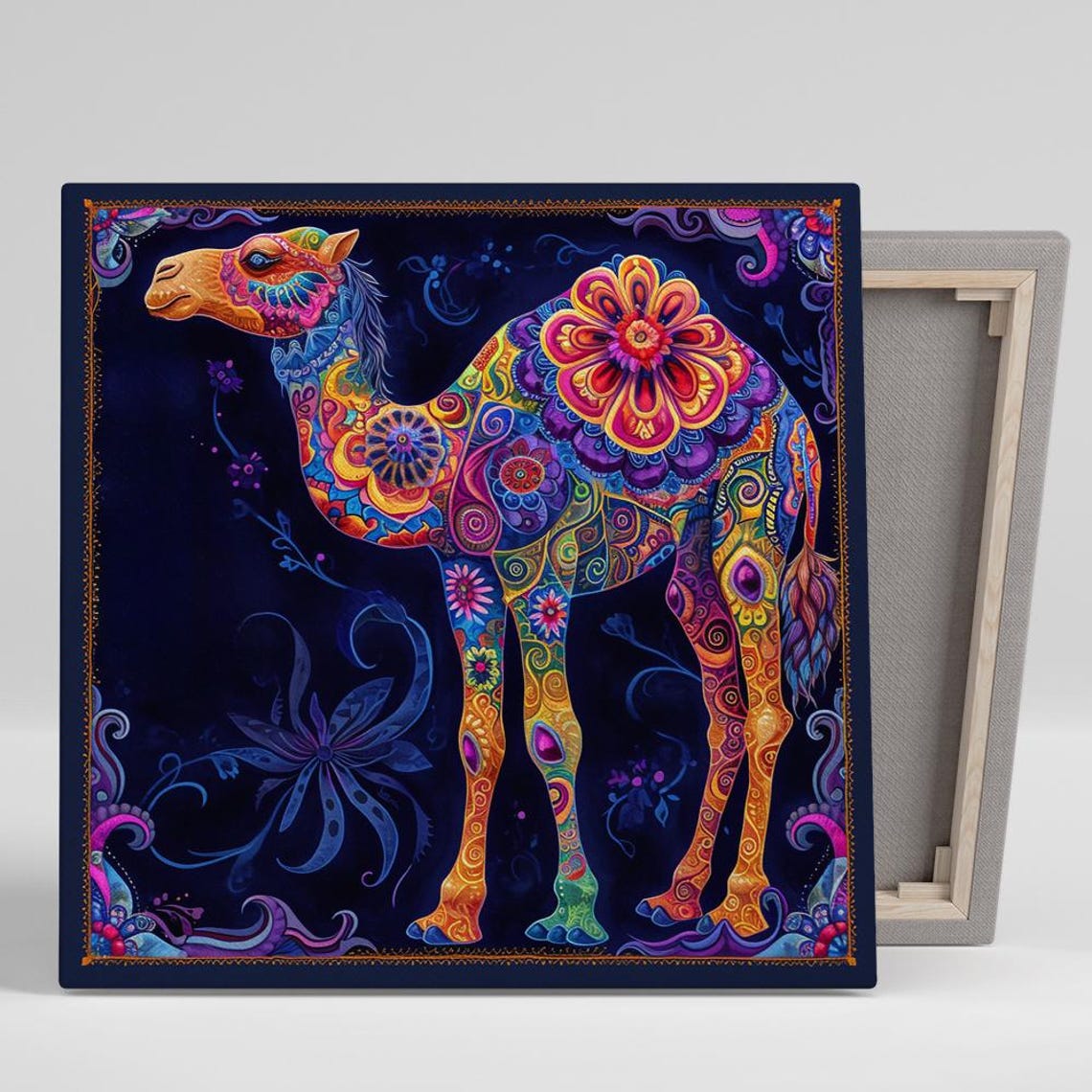 Psychedelic Camel Patterned Dark Background Colorful Animal Art Poster