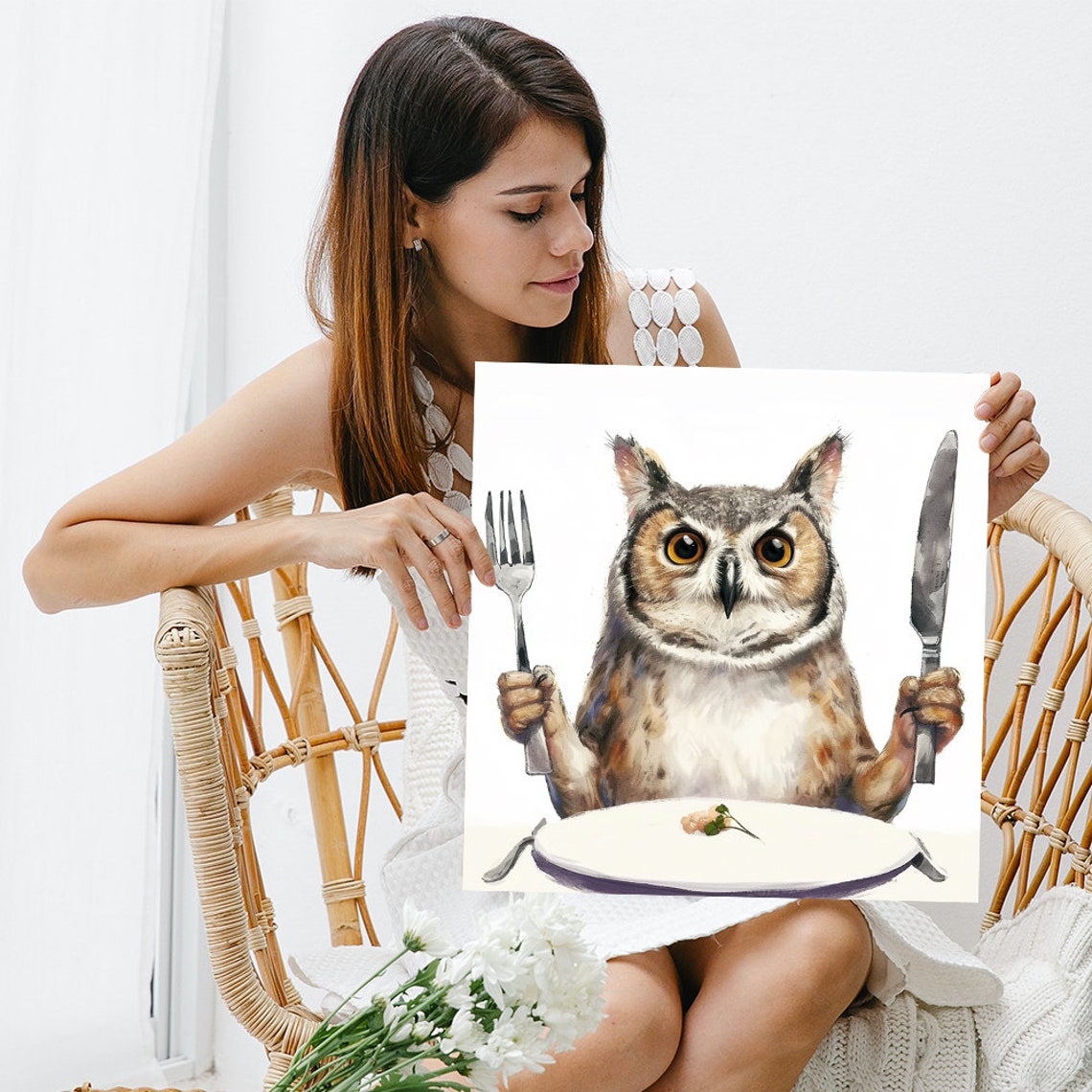Funny Owl Holding Fork and Knife at Dinner Table Kitchen Wall Poster - Image 3