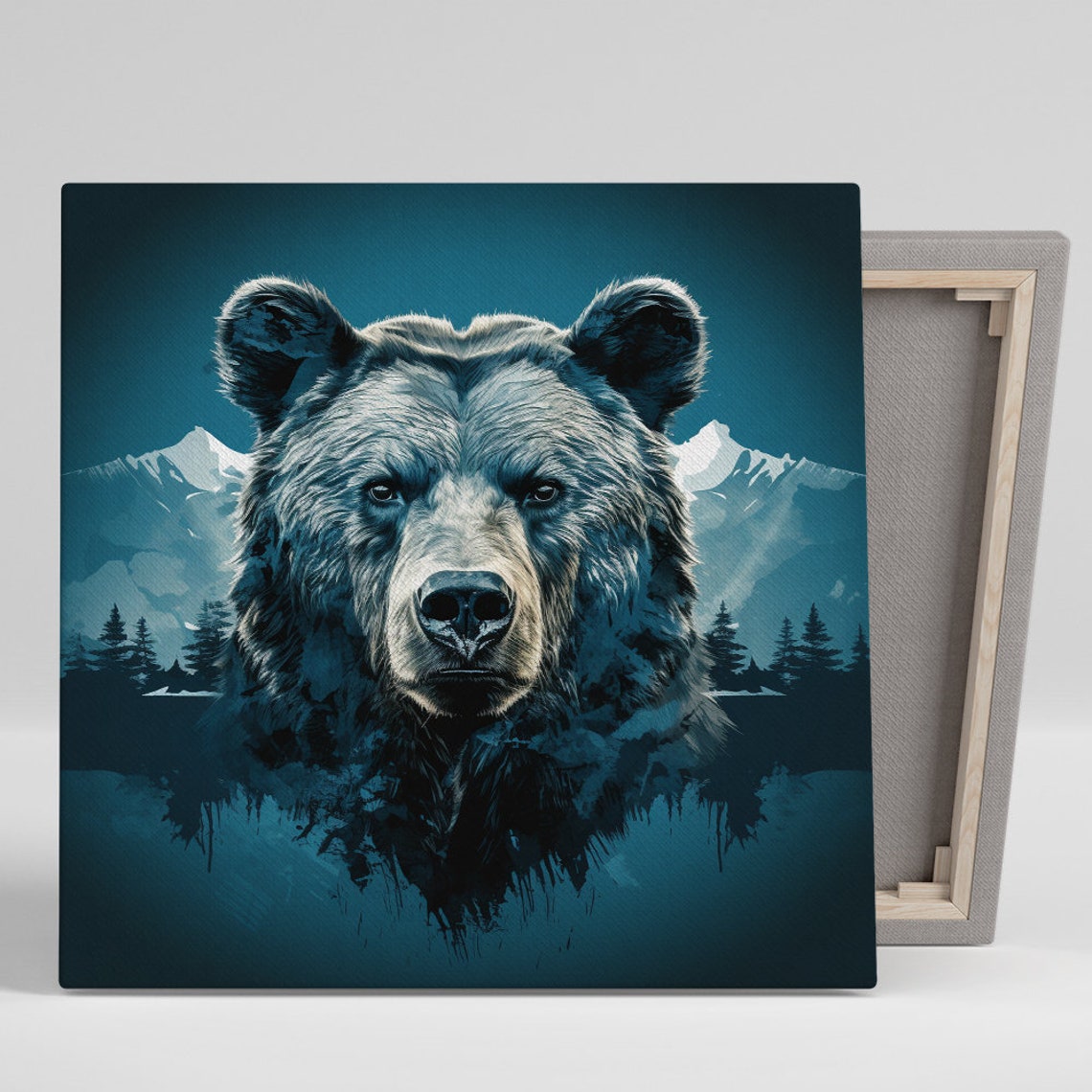 Grizzly Bear Face Mountain Forest Silhouette Moody Blue Nature Poster