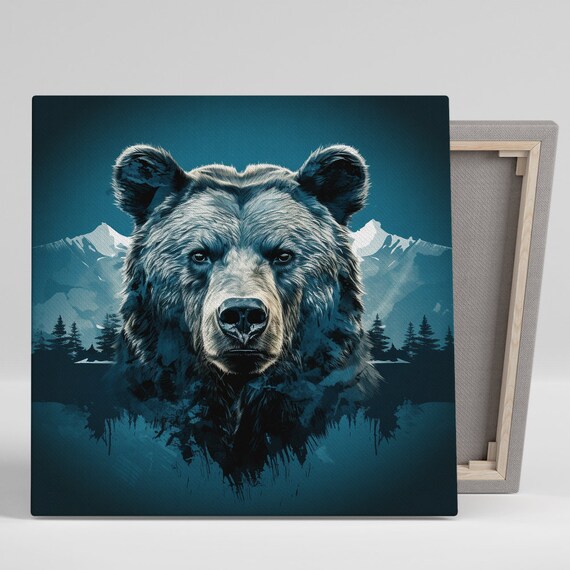 Grizzly Bear Face Mountain Forest Silhouette Moody Blue Nature Poster