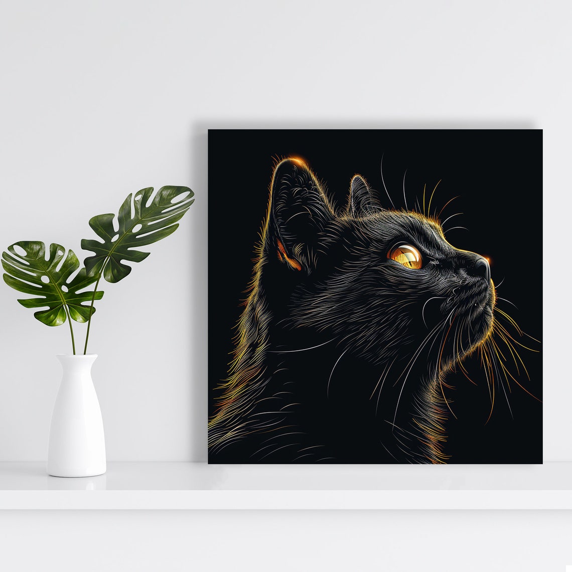 Black Cat Golden Eyes Glowing Dark Minimalist Modern Wall Poster - Image 2