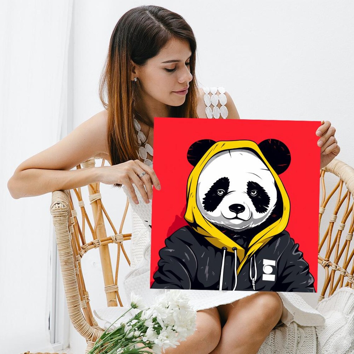 Street Style Panda In Black Hoodie Yellow Hood On Red Poster - Image 3