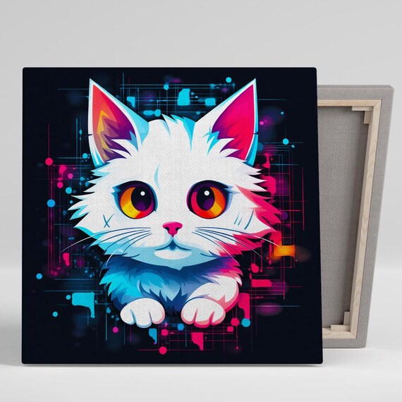Cyber Kitty Neon Pop Cute White Kitten Big Eyes Digital Wall Poster