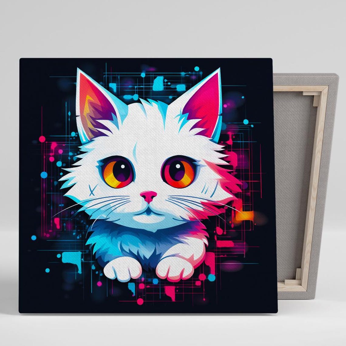 Cyber Kitty Neon Pop Cute White Kitten Big Eyes Digital Wall Poster