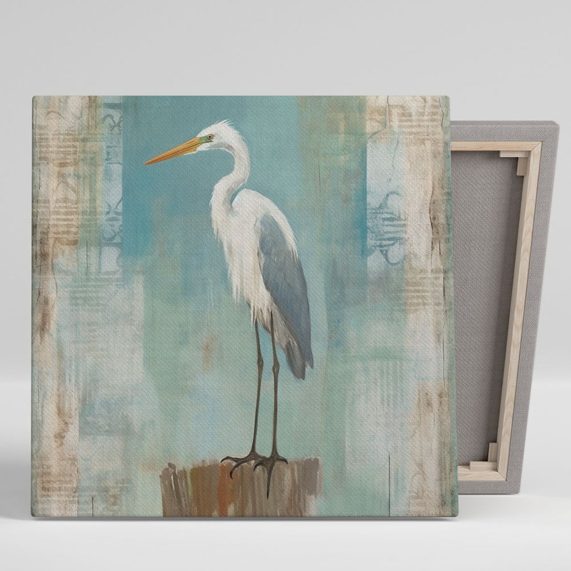 White Egret Standing On Post Soft Coastal Watercolor Bird Wall Poster