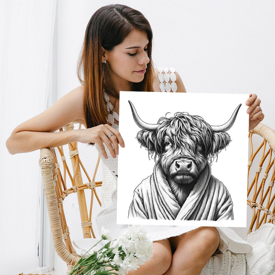 Highland Cow in Bathrobe, Funny Bathroom Art Print - Image 3