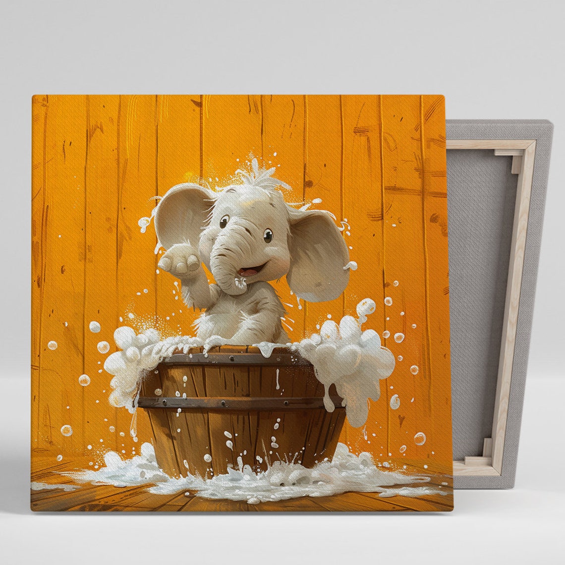 Baby Elephant Bath Time Wooden Tub Bubbles Cute Nursery Animal Poster