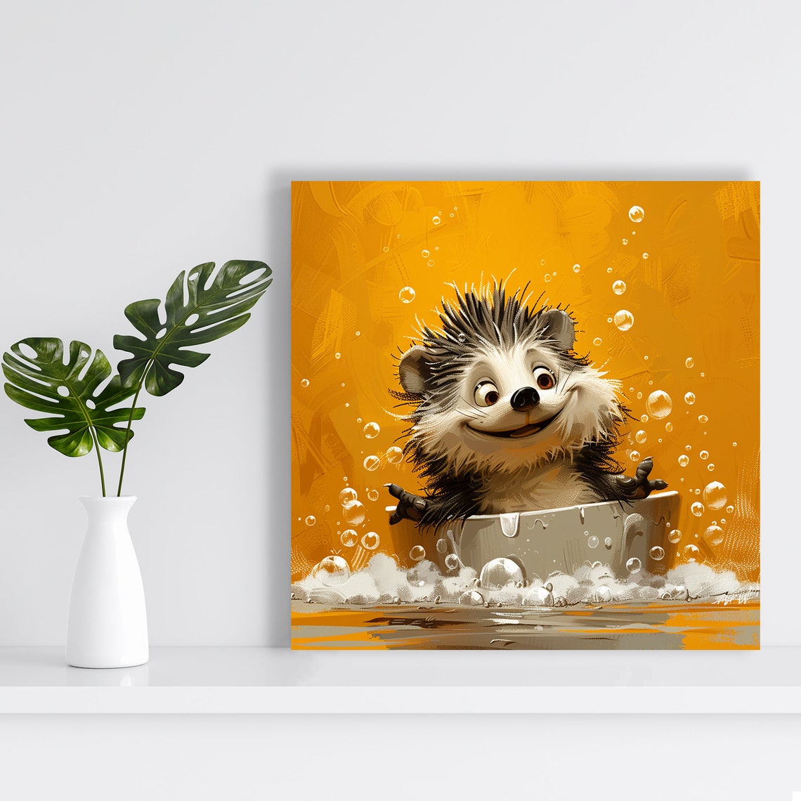 Smiling Hedgehog Bubble Bath Fun Orange Kids Bathroom Art Poster - Image 2