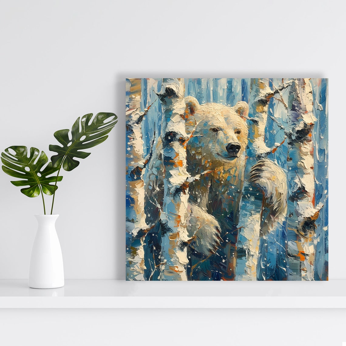 Polar Bear Birch Forest Poster Impasto Snowy Winter Wildlife Decor - Image 2