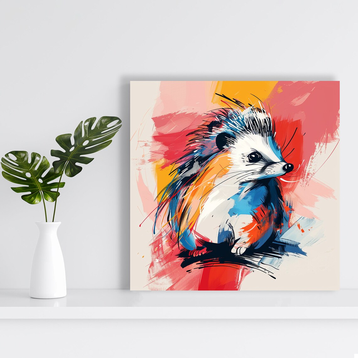 Hedgehog Watercolor Portrait Blue Orange Brushstroke Animal Art Poster - Image 2