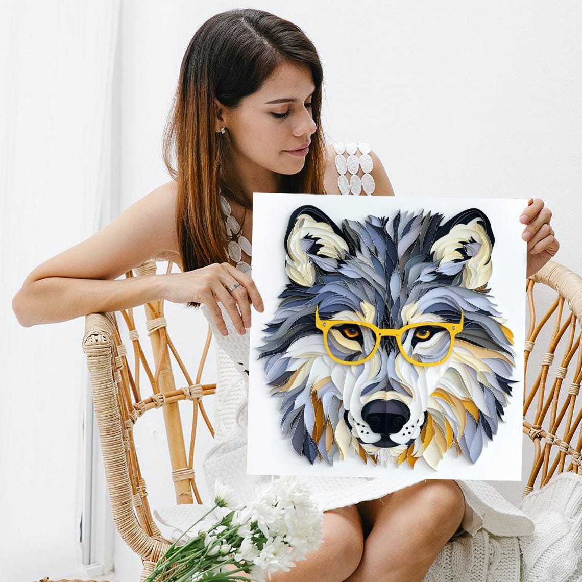 Hipster Wolf In Yellow Glasses Layered Paper Cut Style Art Poster - Image 3
