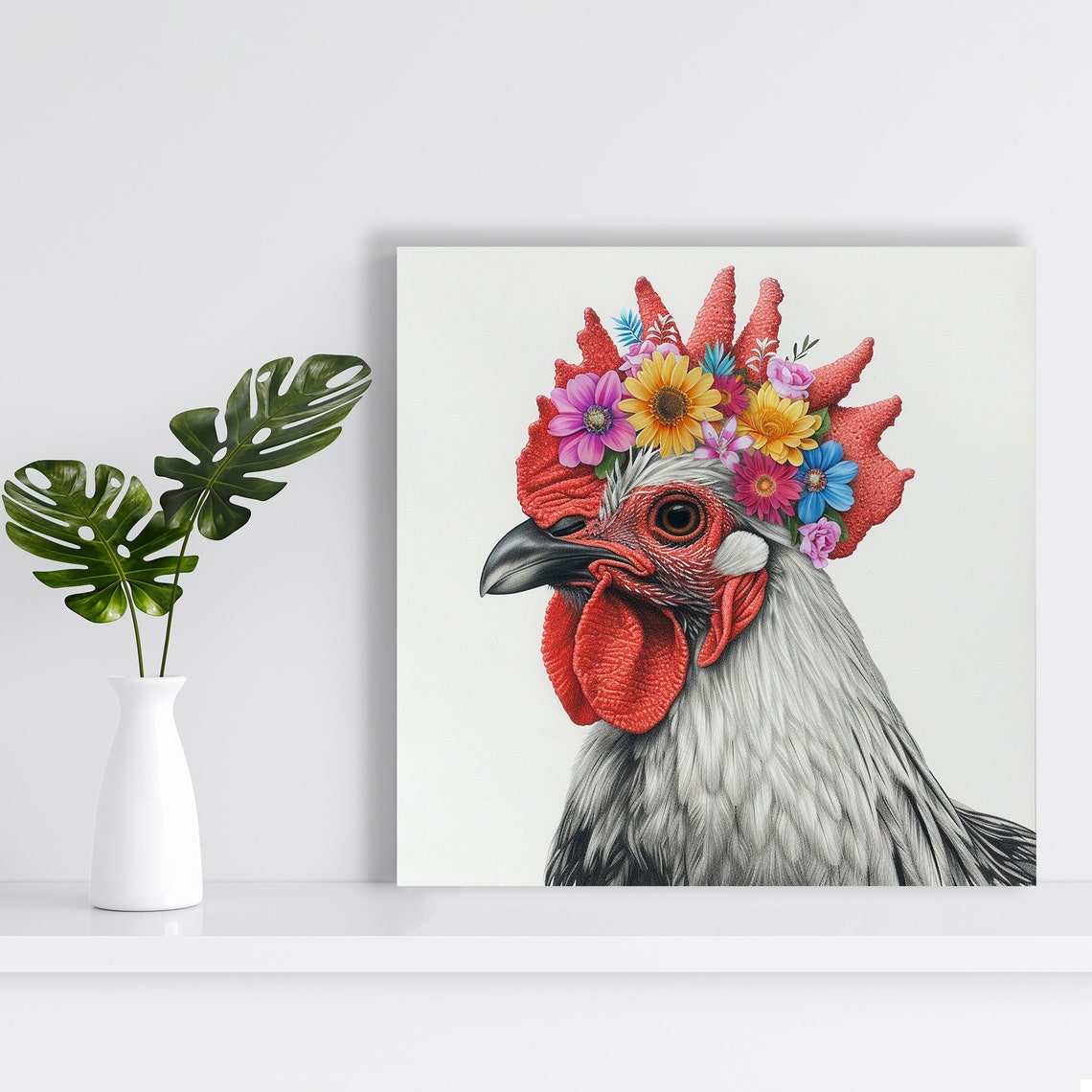 Rooster Floral Crown Colorful Wildflower Farmhouse Kitchen Poster - Image 2