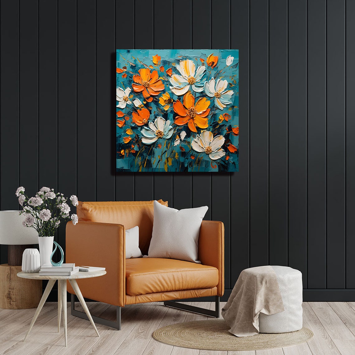 Orange White Flowers Teal Textured Palette Knife Floral Impasto Poster - Image 2