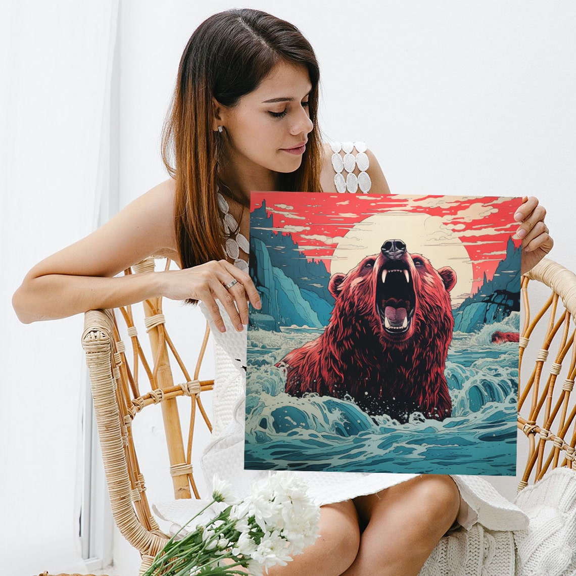 Red Roaring Bear In Ocean Waves Sunset Mountains Wildlife Art Poster - Image 3