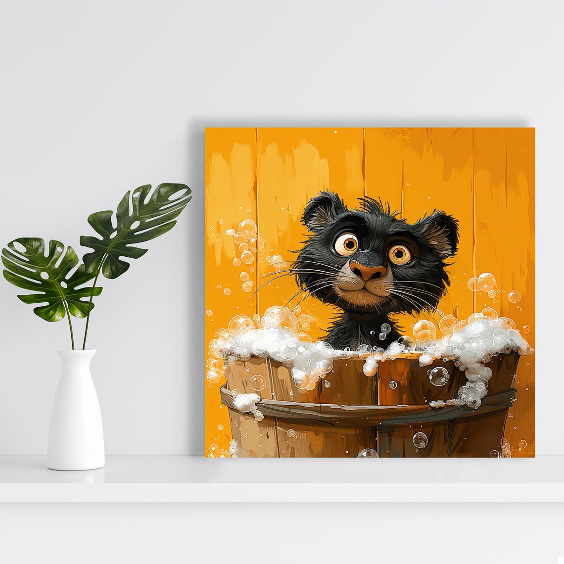 Black Kitten Bubble Bath Wooden Tub Cute Orange Nursery Poster - Image 2