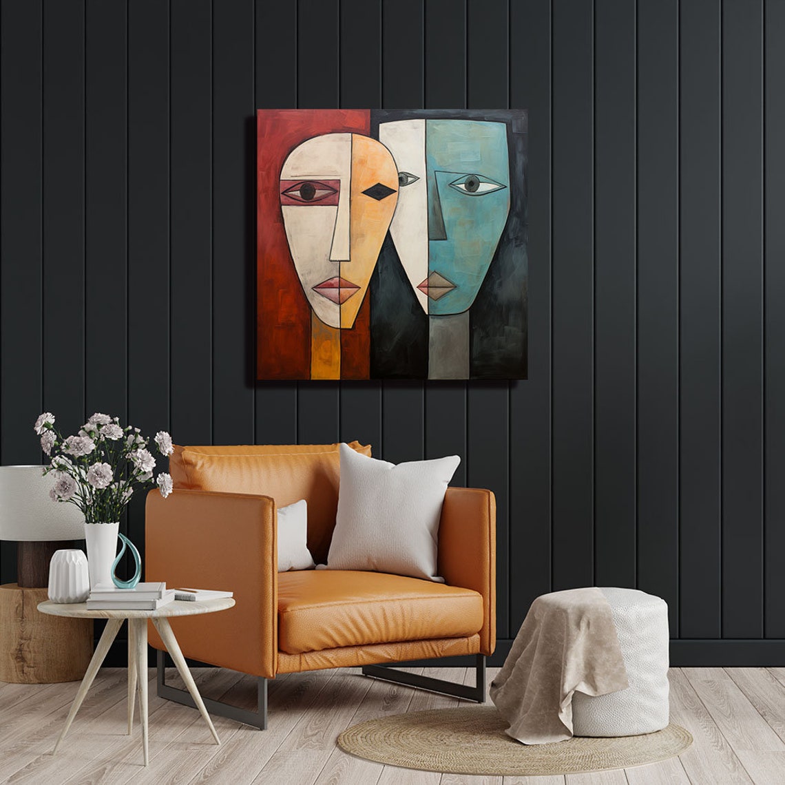 Two Abstract Geometric Faces Cream And Blue Modern Duo Portrait Poster - Image 2