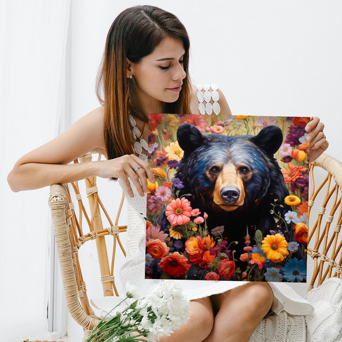 Black Bear Among Colorful Wildflowers Blooming Garden Nature Art Poster - Image 3