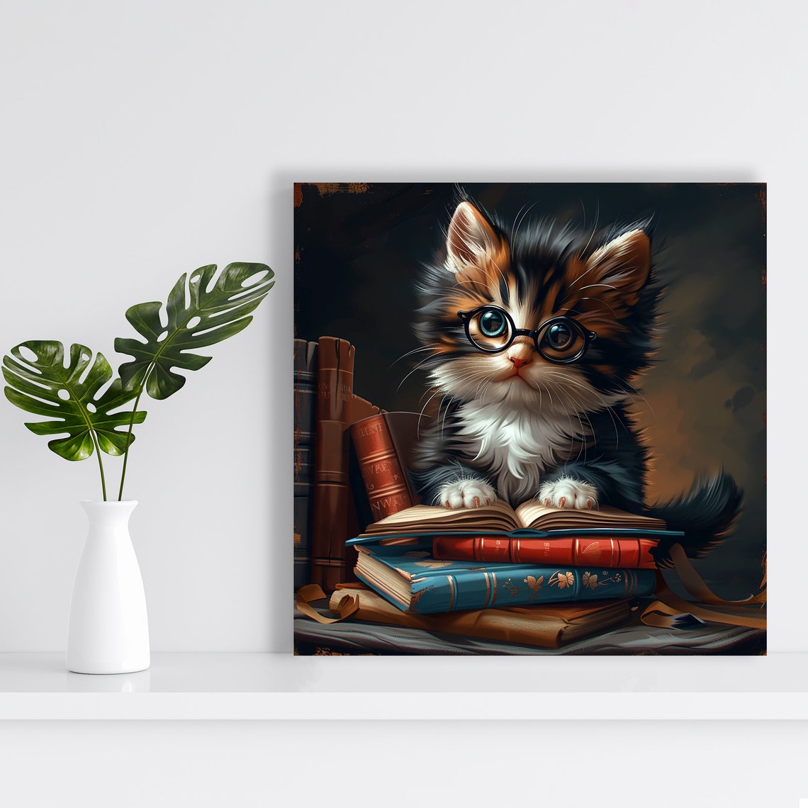 Studious Kitten Wearing Glasses Stacked Books Library Cute Wall Poster - Image 2