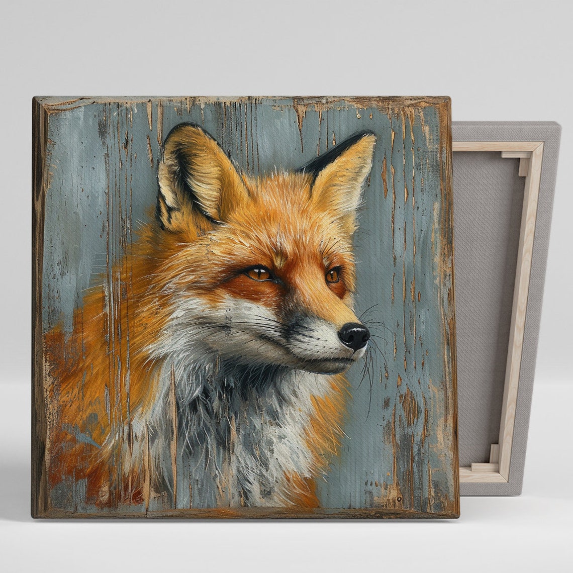 Red Fox Portrait Rustic Blue Wood Background Farmhouse Cabin Poster