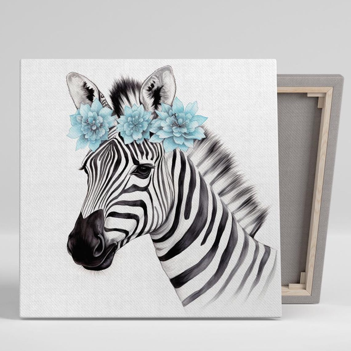 Zebra Wearing Blue Floral Crown Soft Watercolor Animal Portrait Poster