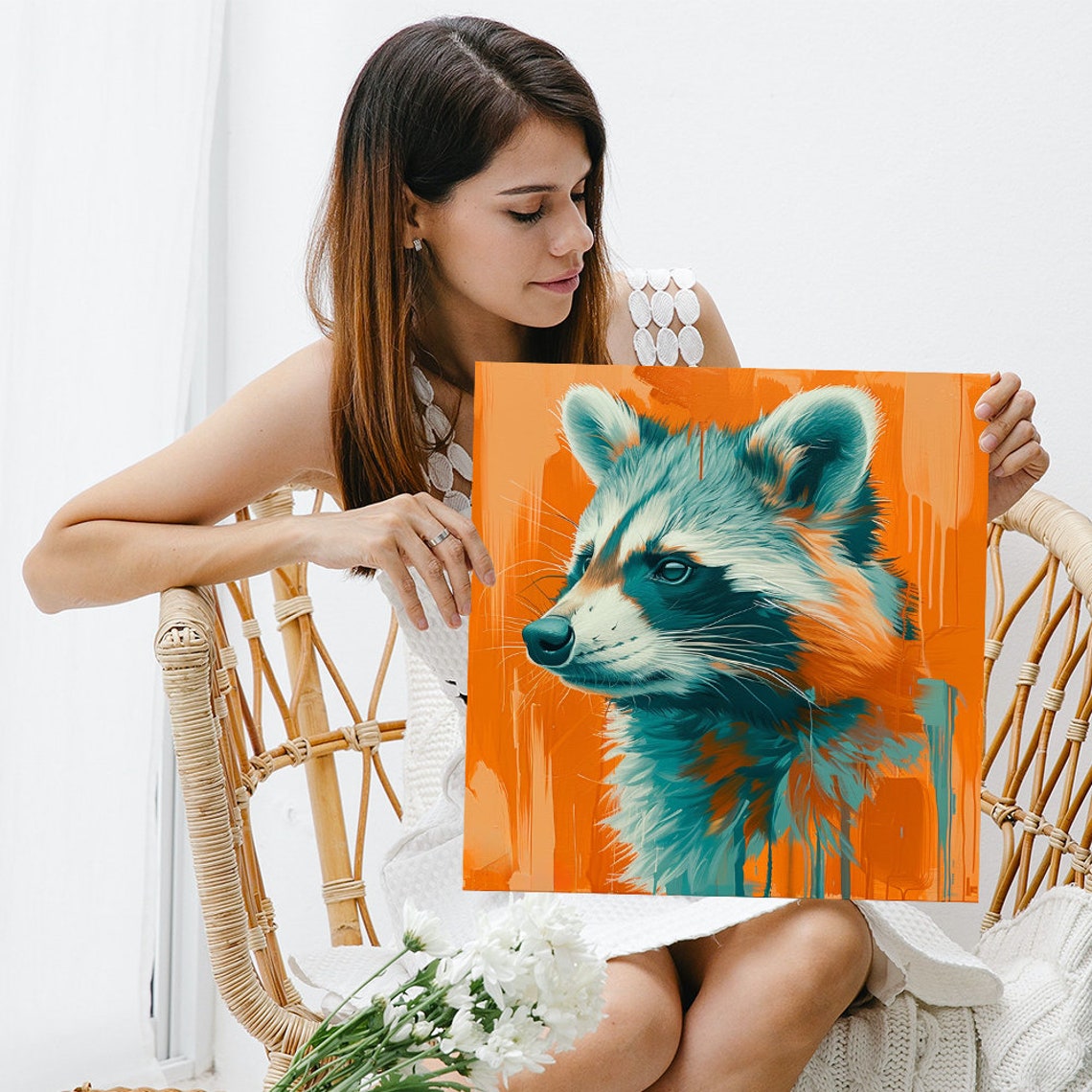 Raccoon Portrait Teal Fur Orange Background Modern Wildlife Art Poster - Image 3