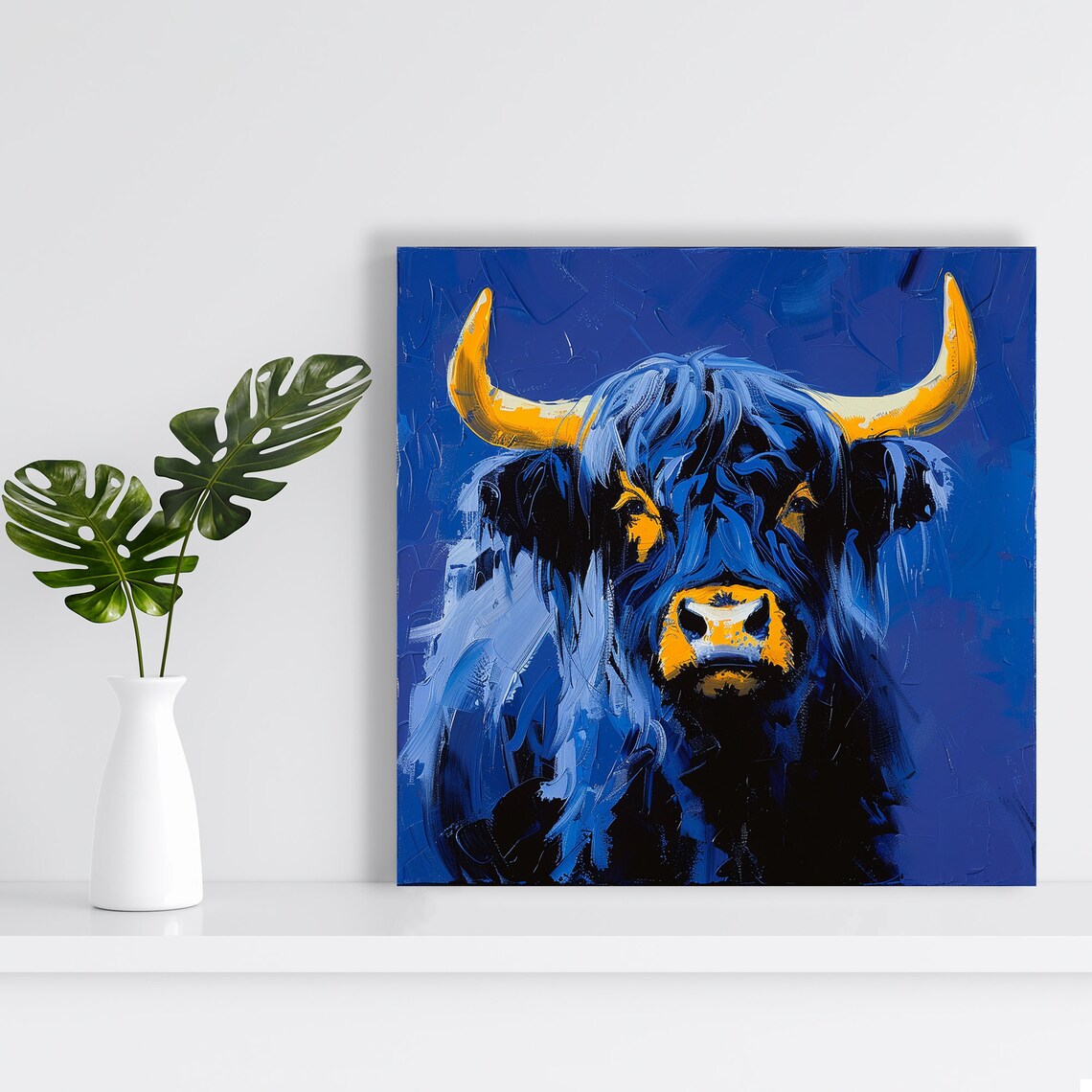 Highland Cow Royal Blue Gold Horns Impasto Farmhouse Wall Poster - Image 2