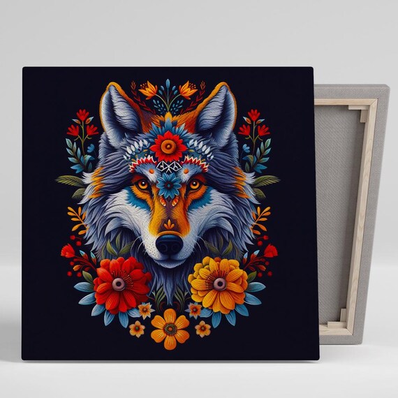 Wolf Spirit Floral Portrait Colorful Botanical Dark Background Poster