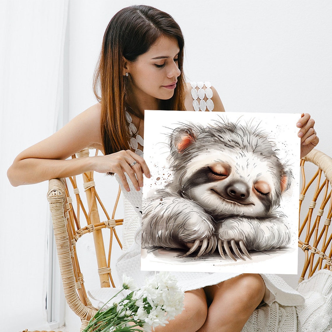 Sleepy Smiling Sloth Watercolor Sketch Cute Animal Wall Poster - Image 3