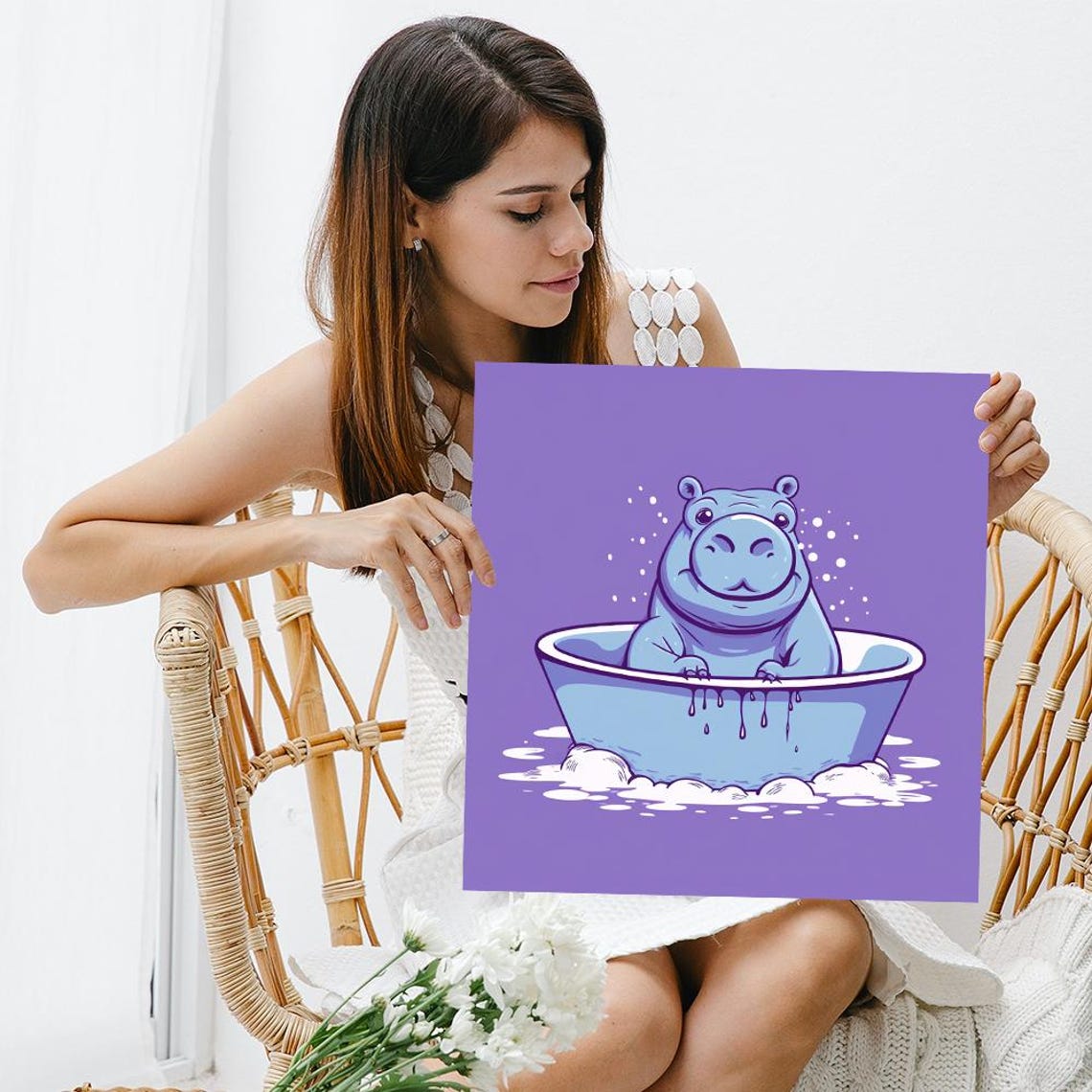 Cute Blue Hippo Relaxing In Bathtub On Purple Background Poster - Image 3