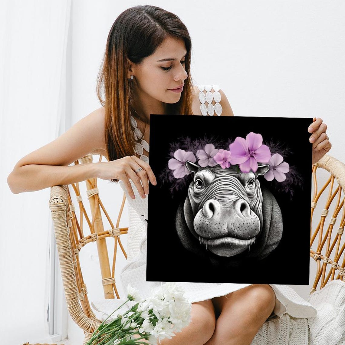 Hippopotamus Flower Crown Grayscale Portrait Purple Blooms Wall Poster - Image 3