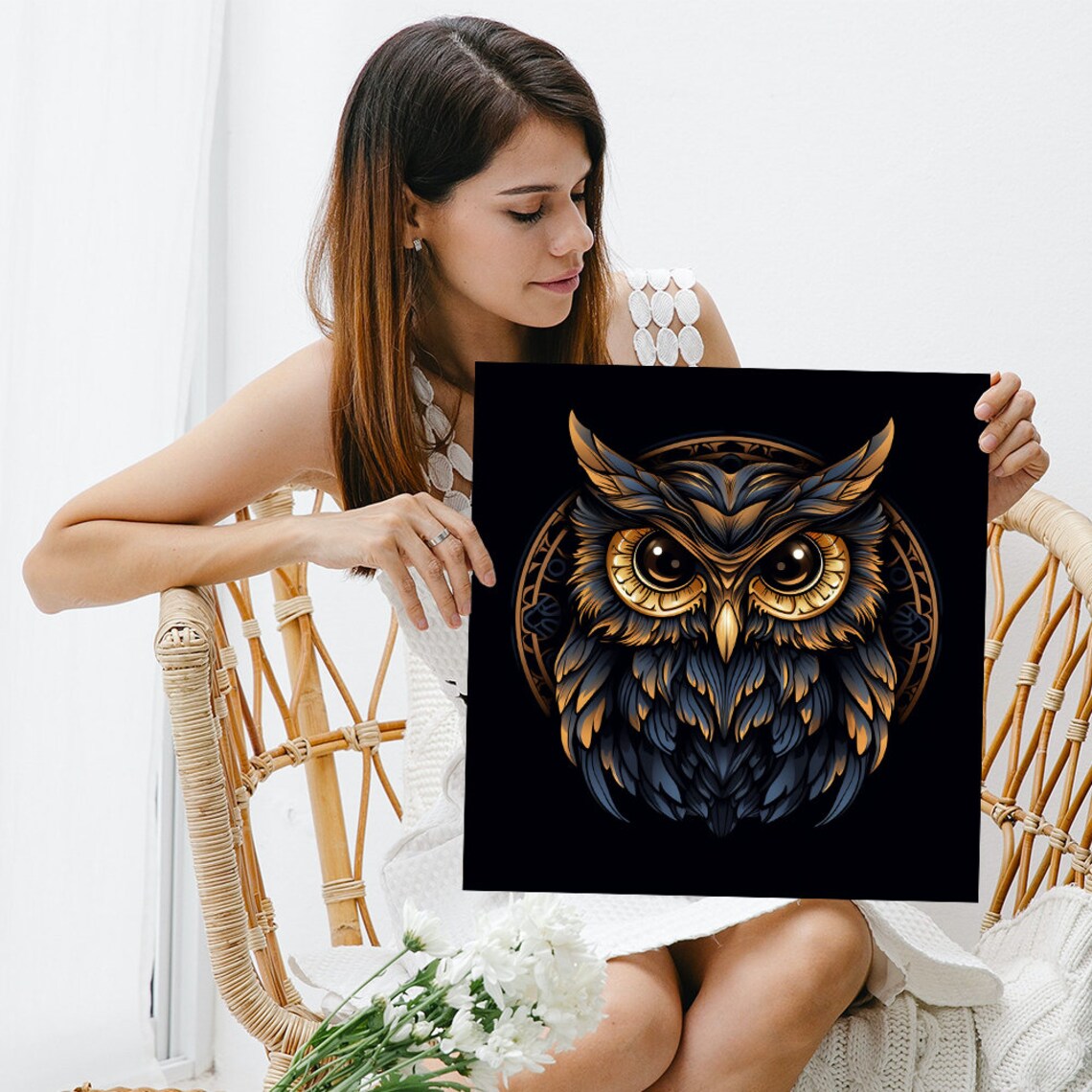 Majestic Owl Guardian Golden Eyes Dark Surreal Portrait Wall Poster - Image 3
