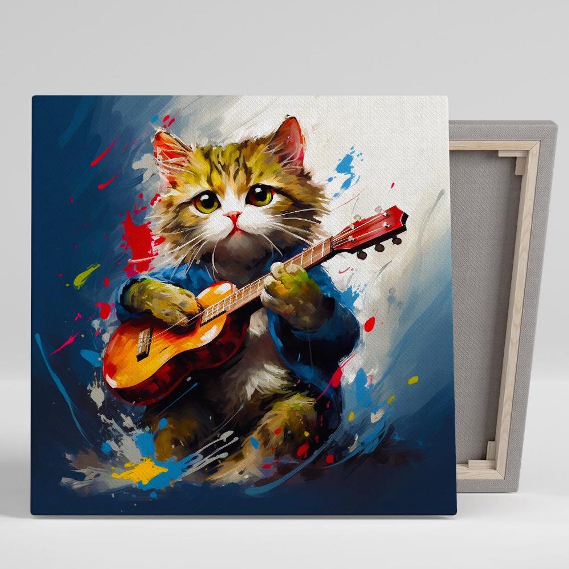 Kitten Playing Red Guitar Colorful Painterly Rock Star Cat Wall Poster