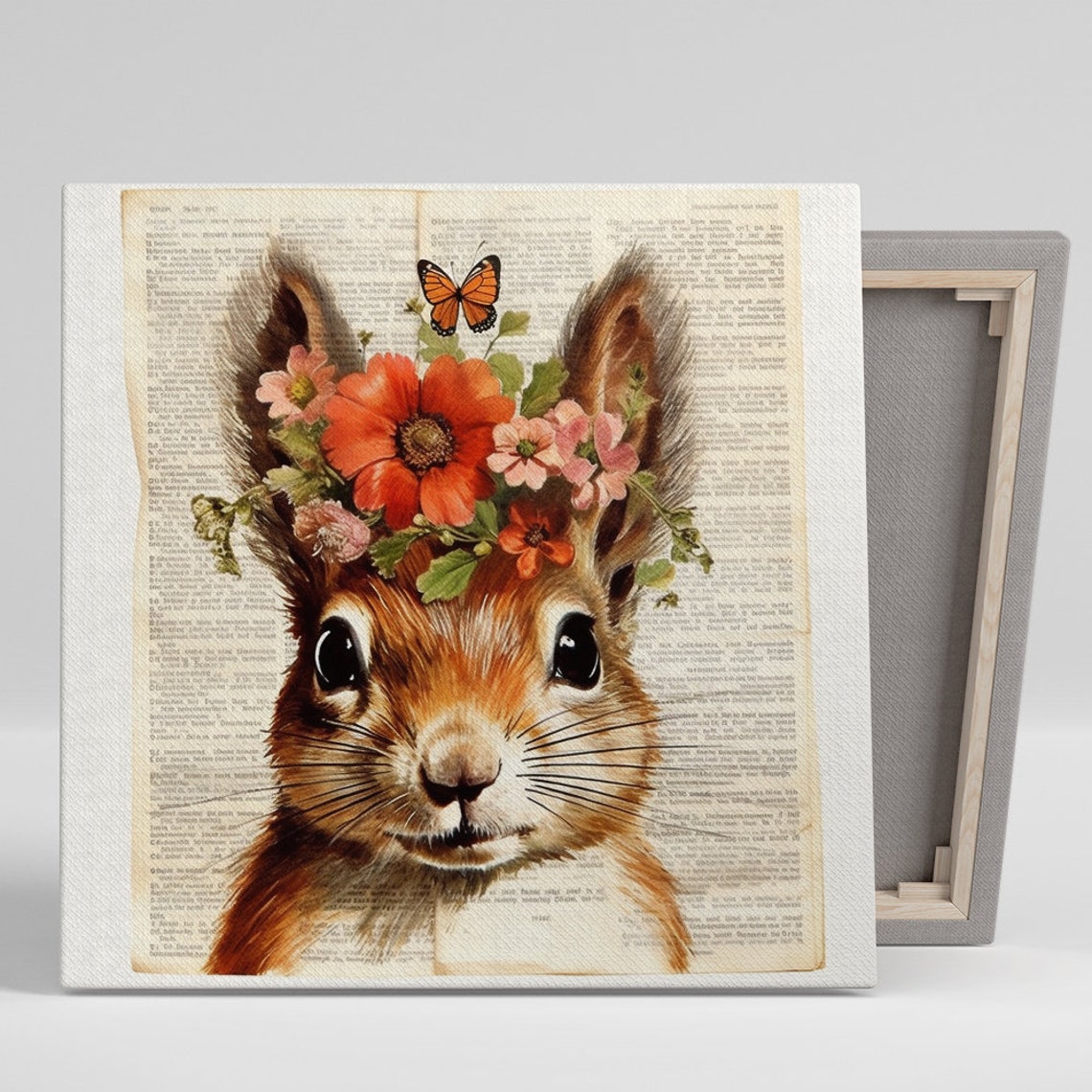 Squirrel Flower Crown Butterfly Vintage Book Page Nursery Poster