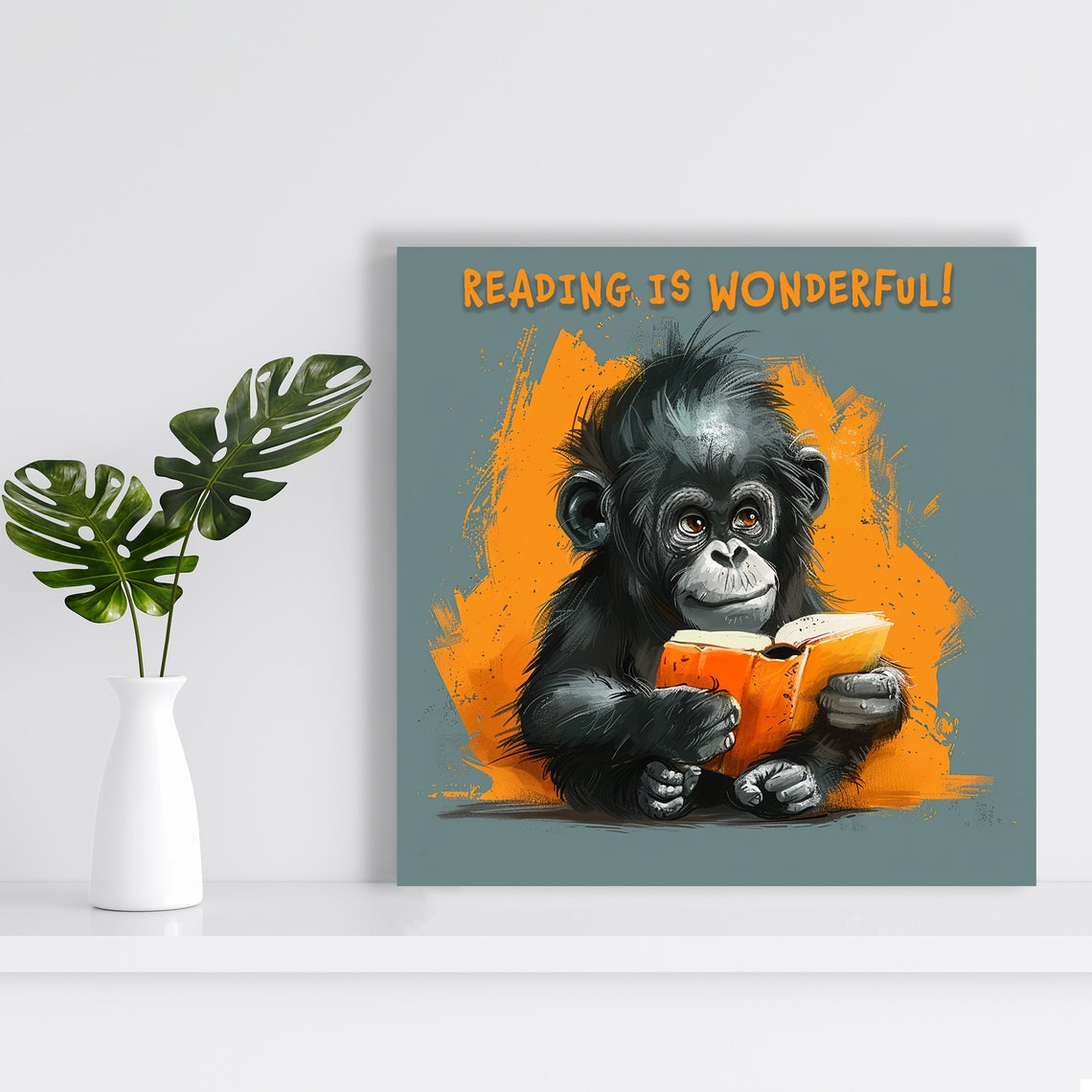 Reading Is Wonderful Baby Gorilla Book Quote Cute Kids Room Poster - Image 2