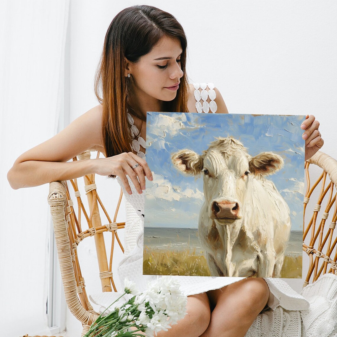 White Cow Portrait Oil Painting Blue Sky Pastoral Farmhouse Wall Art - Image 3