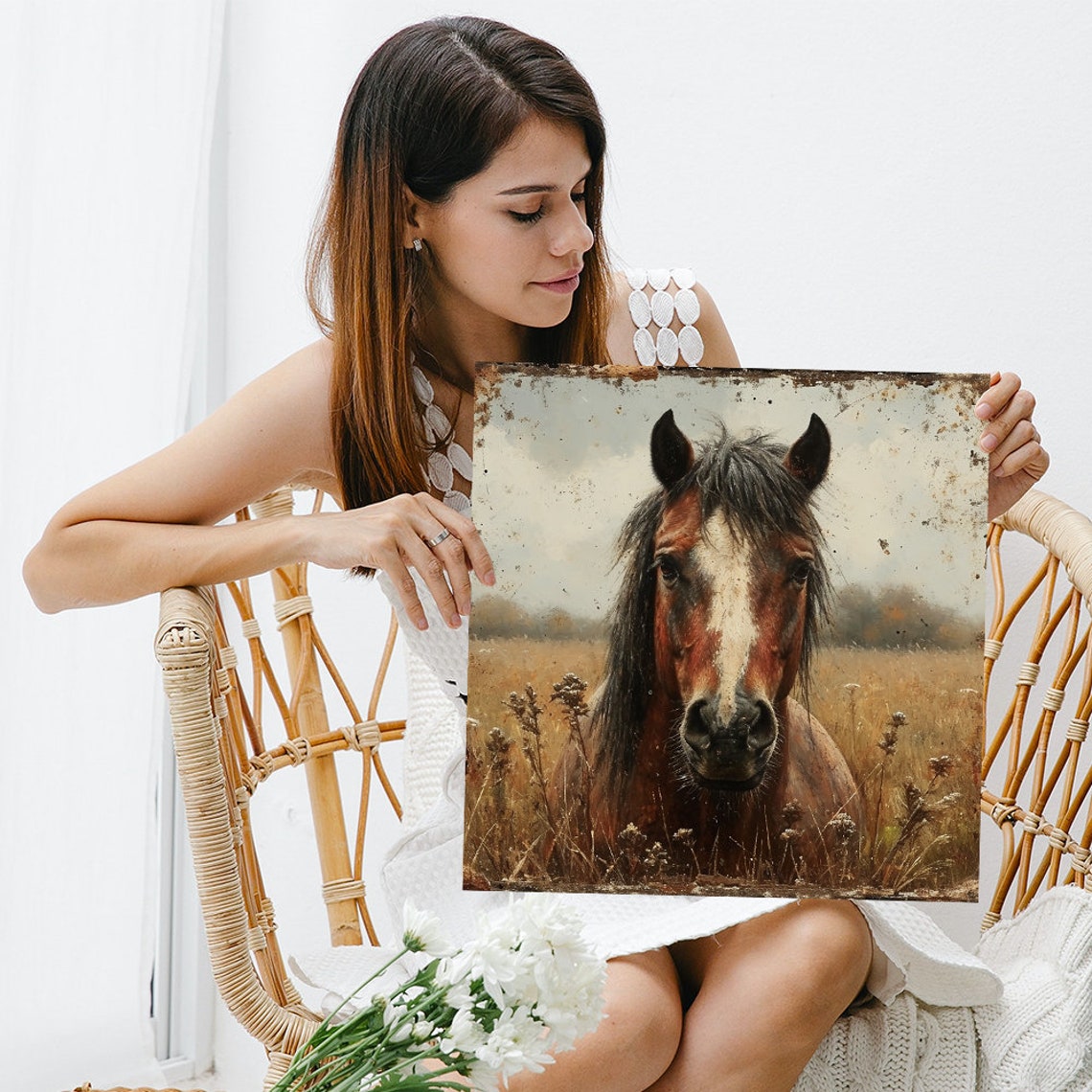 Brown Horse Field Portrait Vintage Distressed Frame Rustic Art Poster - Image 3