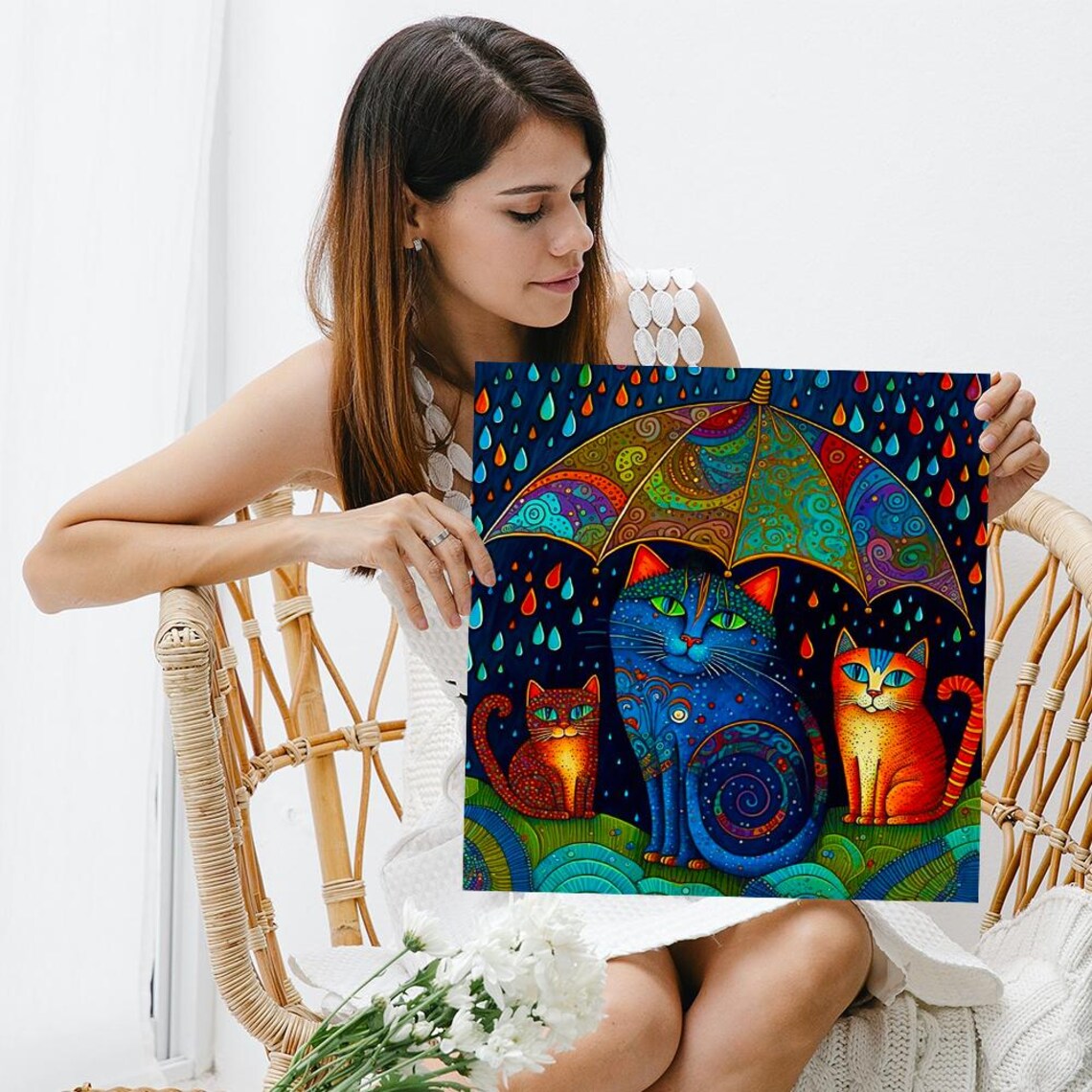 Colorful Cat Umbrella Harmony, Whimsical Animal Art Print - Image 3