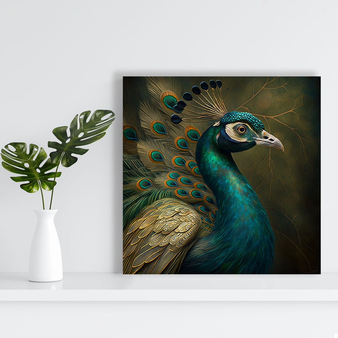 Elegant Peacock Profile Dark Golden Tones Realistic Bird Art Poster - Image 3