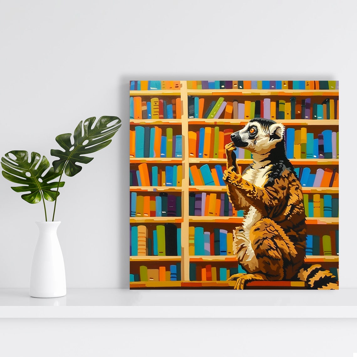 Lemur Reading Among Colorful Library Bookshelves Animal Nursery Poster - Image 2
