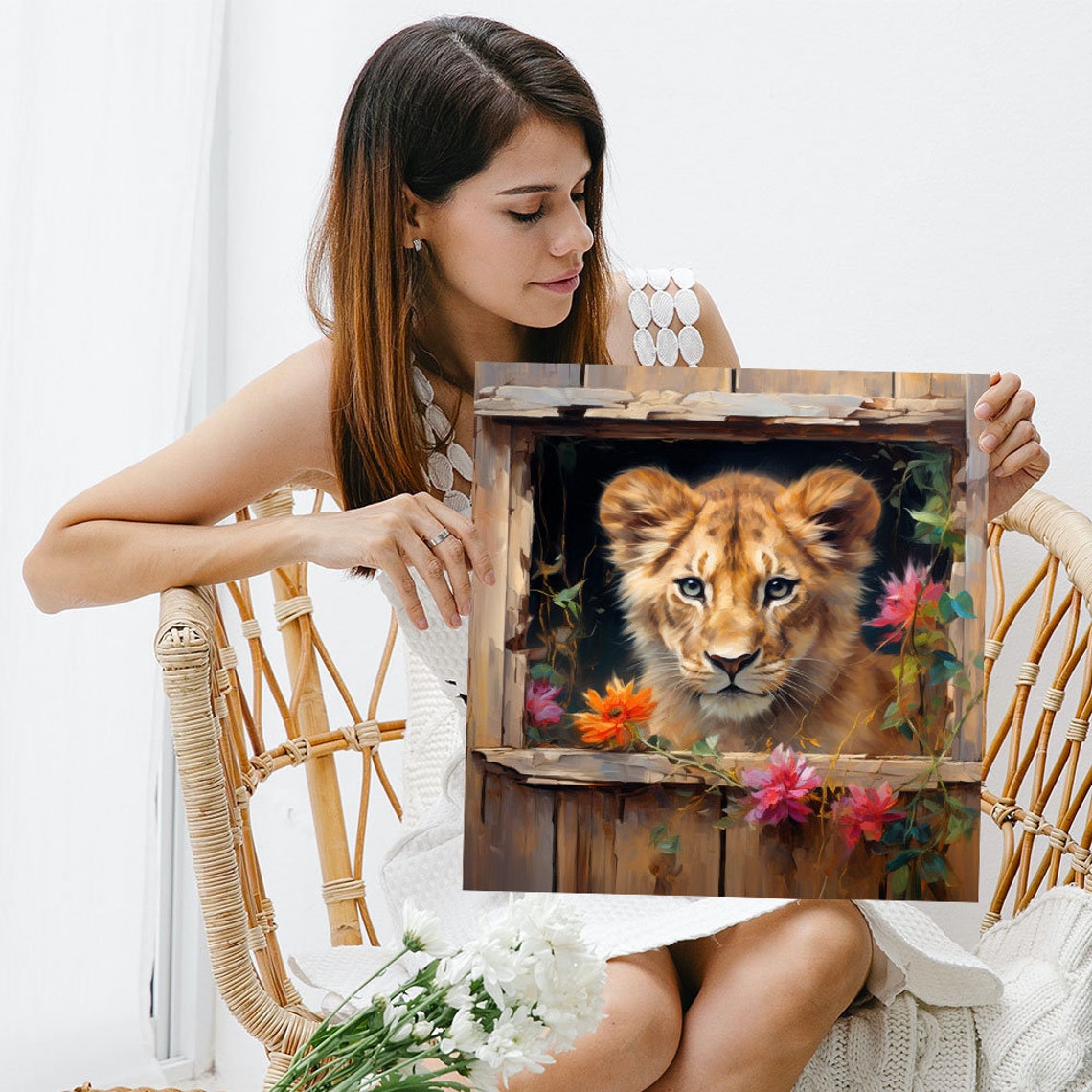 Baby Lion Cub Peeking From Window Cute Floral Nursery Canvas Poster - Image 5