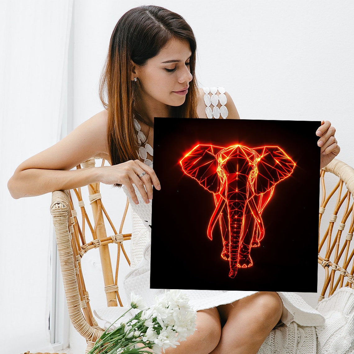 Neon Elephant Geometry Red Wireframe Low Poly Black Background Poster - Image 3