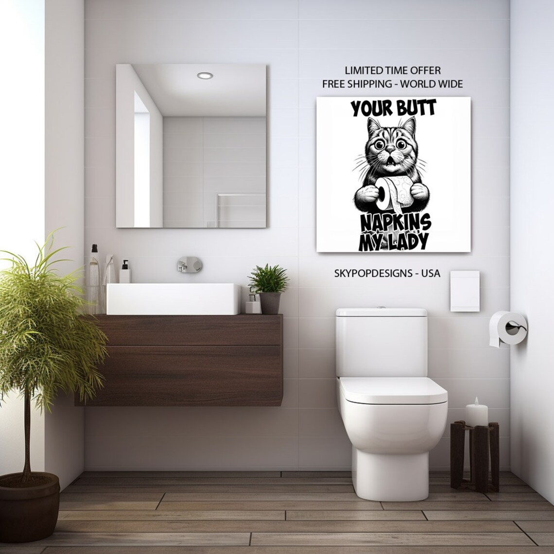 Funny Cat With Toilet Paper Bathroom Art Print - Image 4
